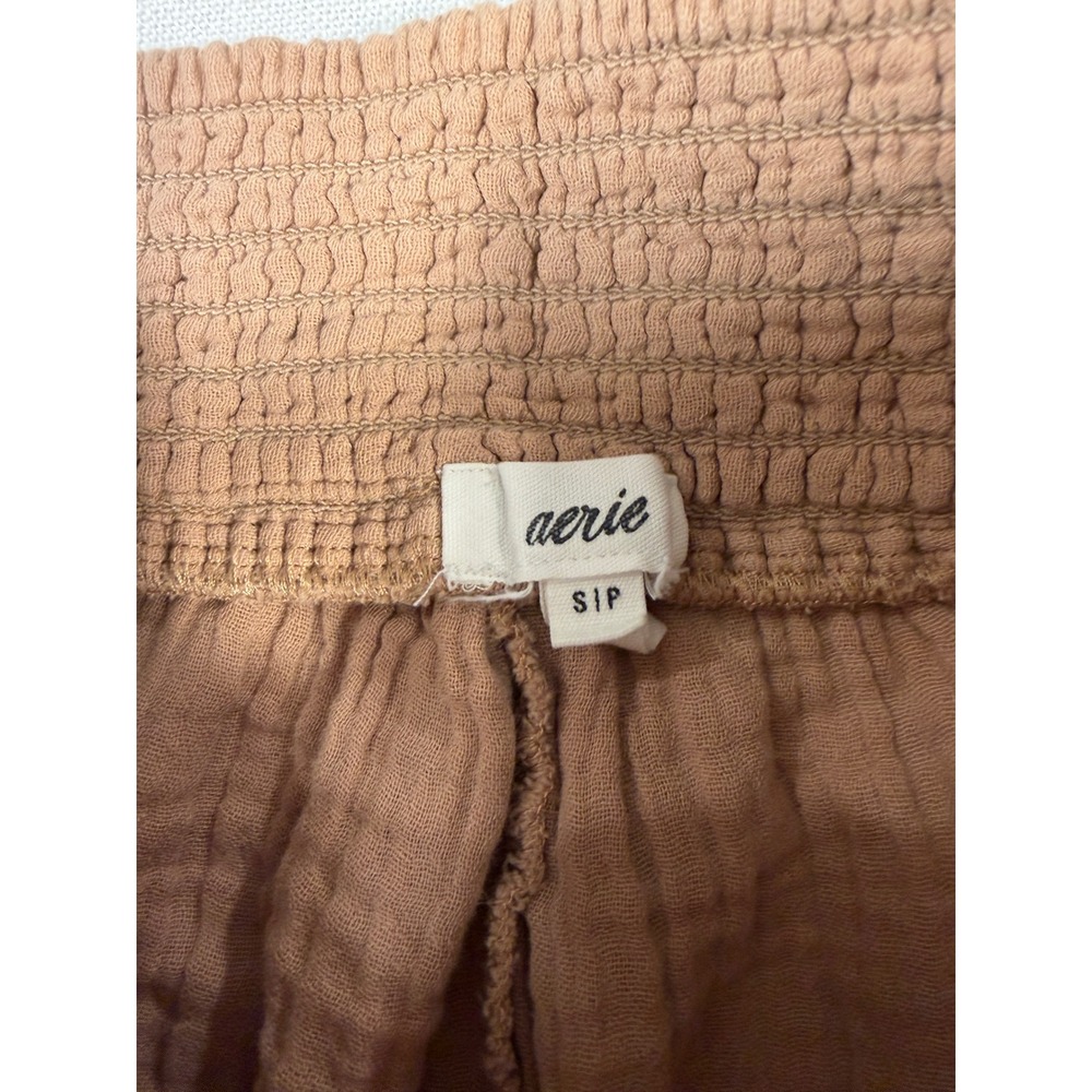 Aerie Wide Leg Gauze Pants Brown Smocked Waist Slit Pockets Small Petite - Picture 5 of 10